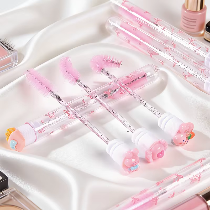 10 brosses à mascara roses en forme de dessin animé avec étui à nœud papillon, applicateur anti-poussière pour extensions de cils, peigne à sourcils, outil de maquillage