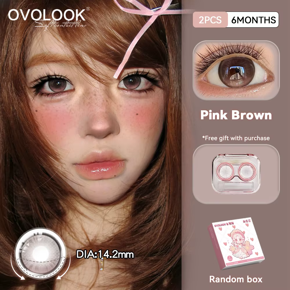 OVOLOOK-Lentilles de Contact Rose pour Myopie, Accessoire pour les Yeux avec Dioptries, Gris Naturel, Marron, Bleu, 2 Pièces