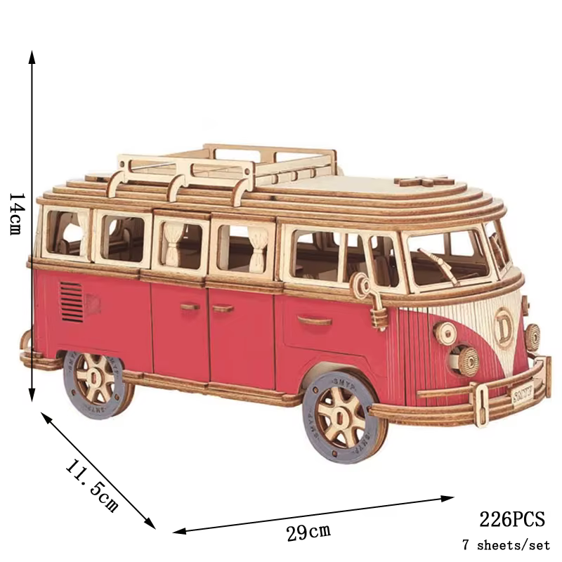 Bus rétro style européen camping-car 3D voiture en bois Puzzle bricolage bateau à voile avion construction maison modèle Puzzle jouets pour enfants