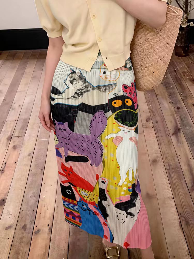 Jupe plissée style Miyake, design de niche, taille haute, imprimé dessin animé, amincissante, pour femme, été