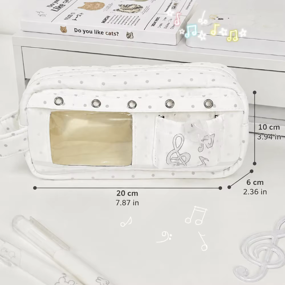Trousse à crayons Kawaii à pois avec motif note de musique, multi-couches avec poignée, grande capacité, organiseur de papeterie pour étudiants