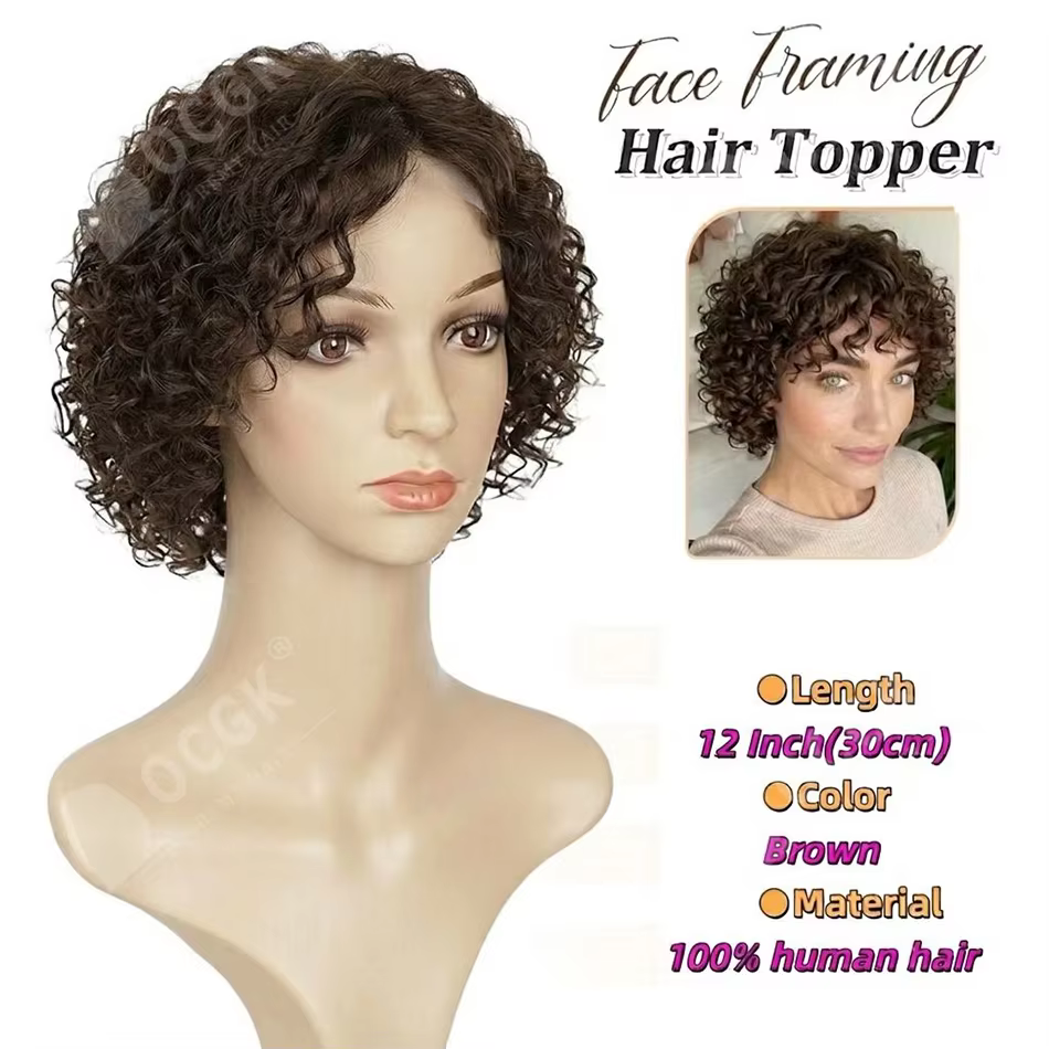 Topper capillaire pour femme 12 pouces, cheveux humains bouclés – Brun, ajoute du volume et de la pleine force aux cheveux clairsemés, pour usage quotidien