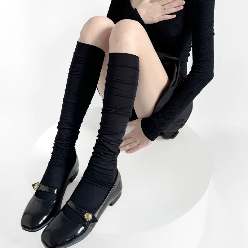 Bas fins en coton pour femmes, couleur unie, noir, blanc, gris, bas de cuisse hauts, Style japonais, chaussettes hautes pour femmes
