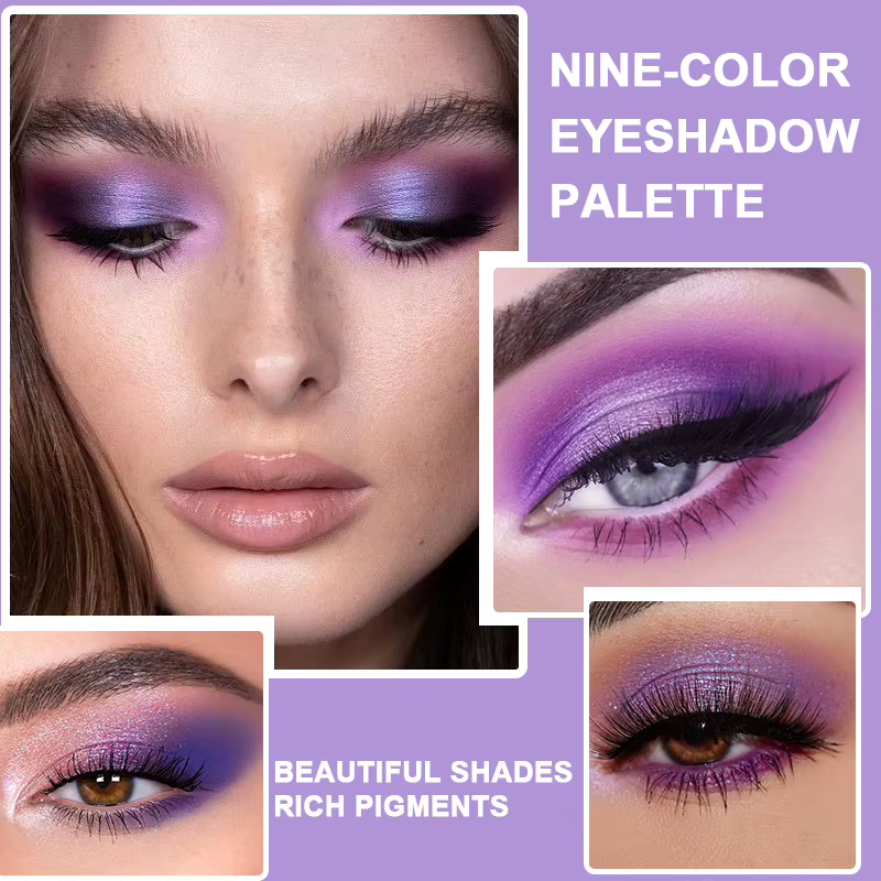Palette de fards à paupières violets de 9 couleurs avec ensemble de pinceaux à double extrémité gratuit – Shimmer mat riche et nuances scintillantes pour le maquillage quotidien et de fête