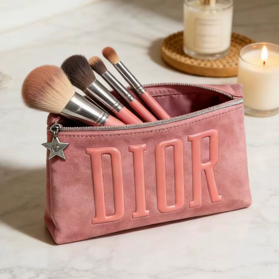 Sac cosmétique en velours rose de Dior
